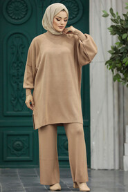 Neva Style - Biscuit Modest Knitwear Dual Dress 34262BS - Thumbnail