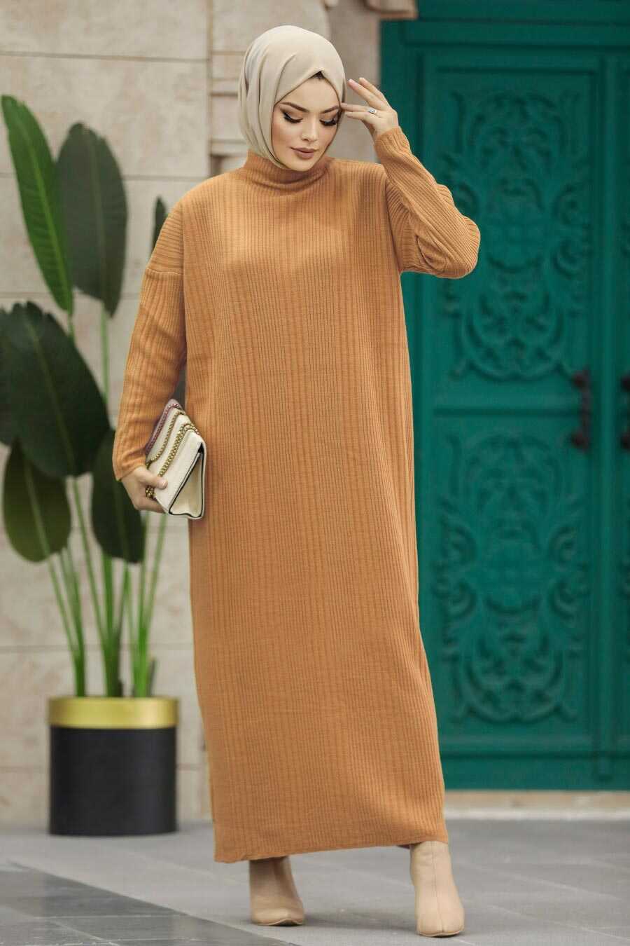Neva Style - Biscuit Muslim Long Knitwear Dress Style 34150BS