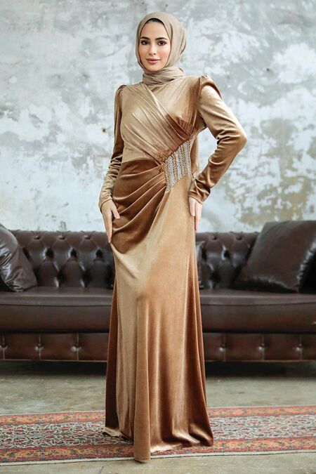  Biscuit Velvet Hijab Dress 36891BS - NEVA STYLE