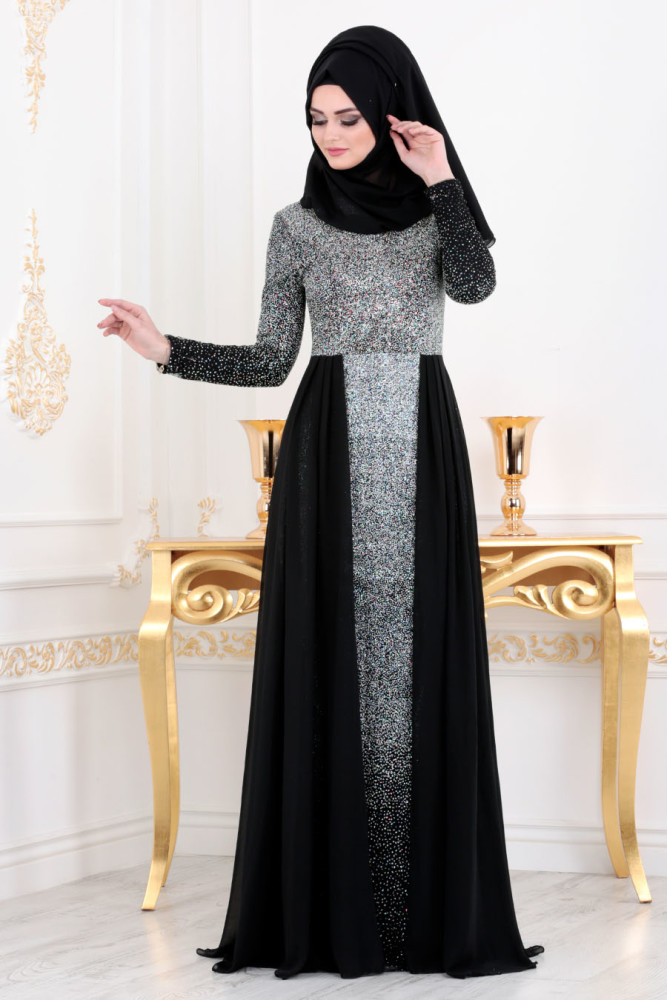 Simli Siyah Tesettür Abiye Elbise 90020S - 1