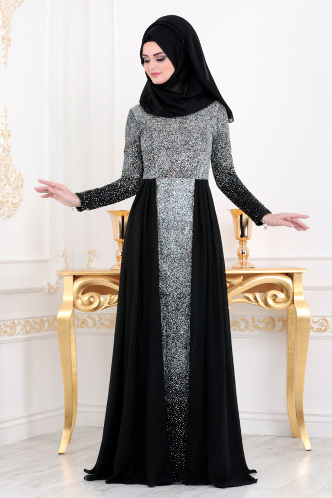Simli Siyah Tesettür Abiye Elbise 90020S - 2