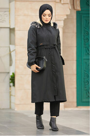 Neva Style - Black Hijab Parka Coat 60651S - Thumbnail