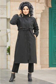 Neva Style - Black Hijab Parka Coat 60651S - Thumbnail