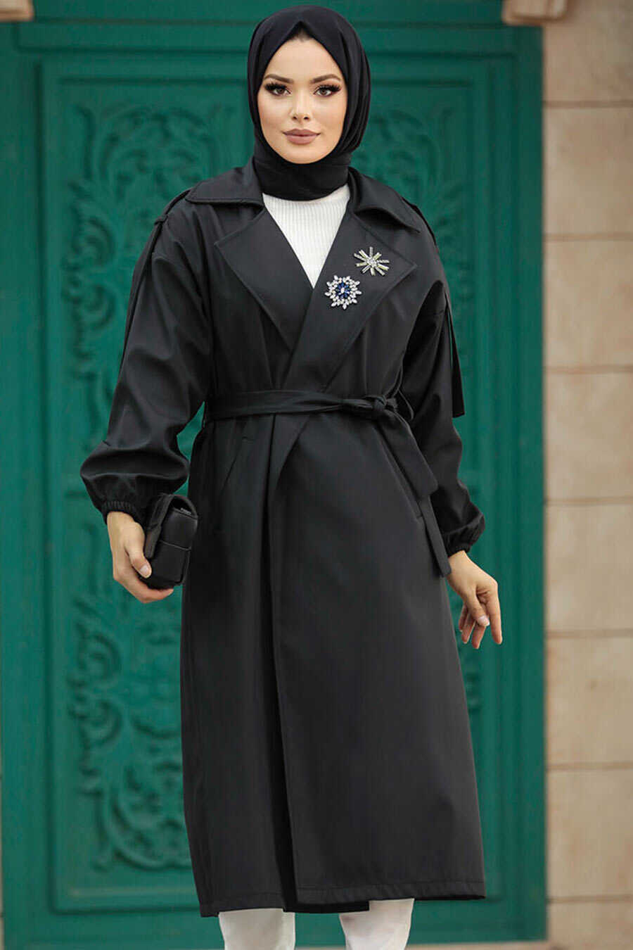 Neva Style - Black Hijab Trench Coat 639S