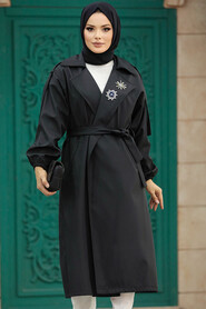 Neva Style - Black Hijab Trench Coat 639S - Thumbnail