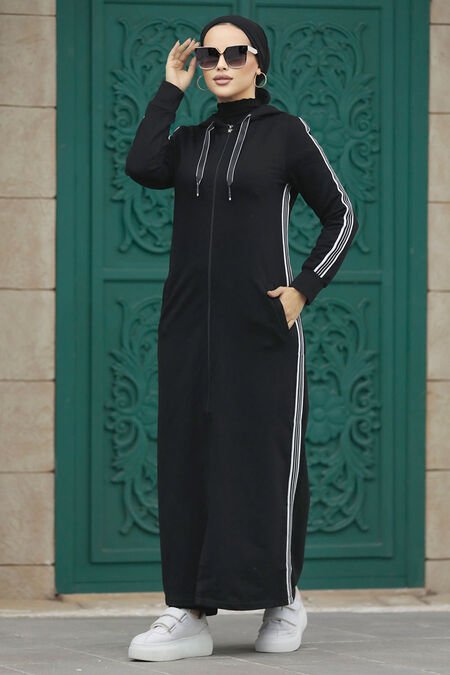  Black Hijab Turkish Coat 22641S - NEVA STYLE