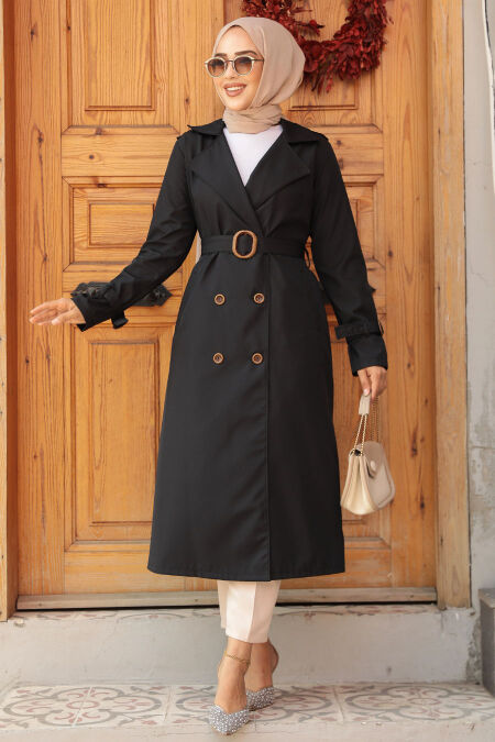  Black Hijab Turkish Trench Coat 5942S - NEVA STYLE