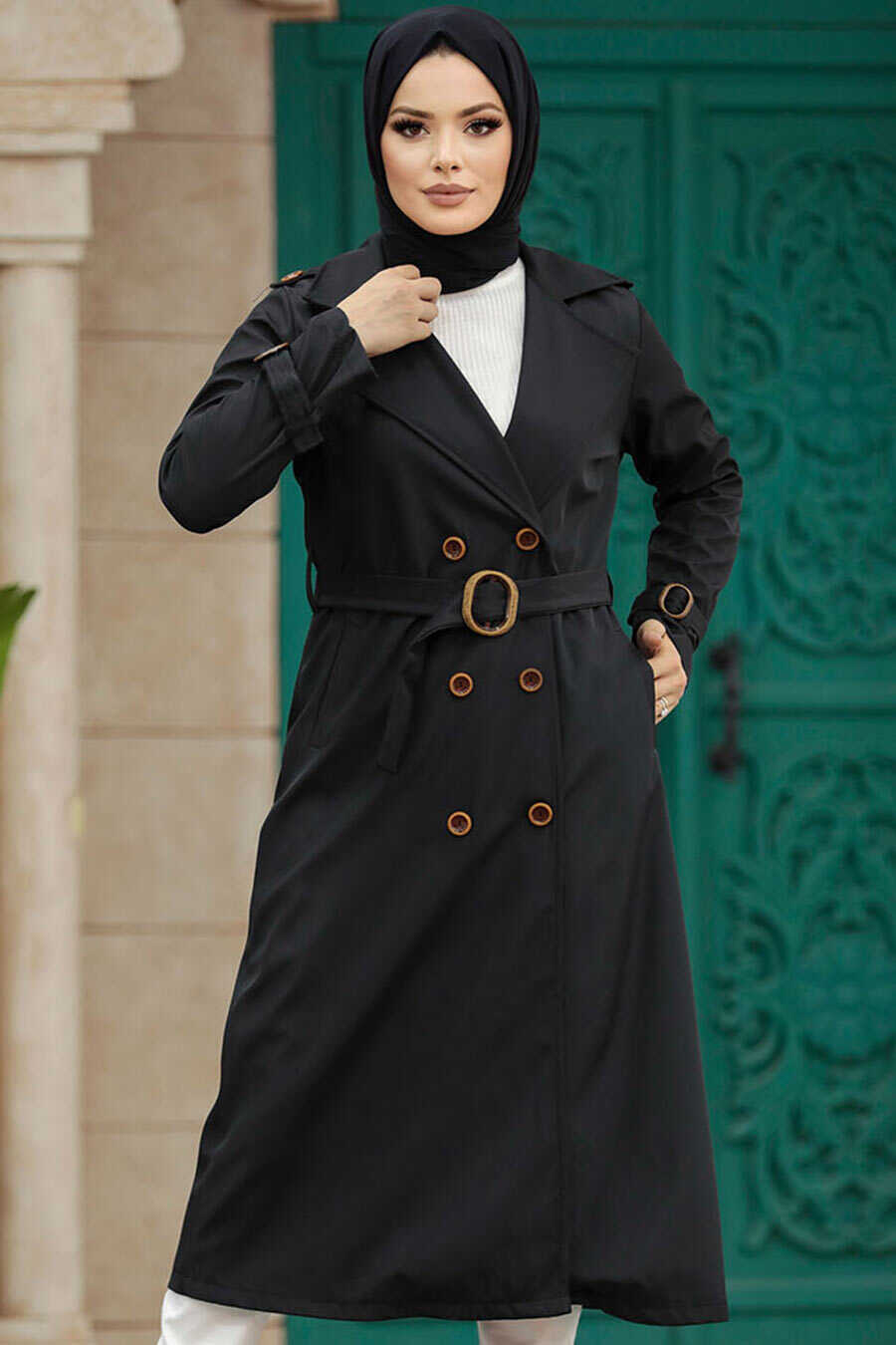 Neva Style - Black Hijab Turkish Trench Coat 5942S
