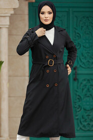 Neva Style - Black Hijab Turkish Trench Coat 5942S - Thumbnail