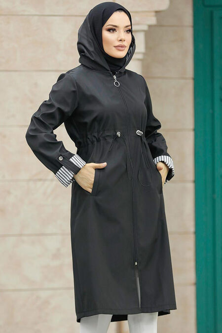  Black Hijab Turkish Trench Coat 613S - NEVA STYLE