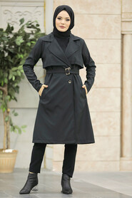  Black Islamic Clothing Trench Coat 59371S - 1