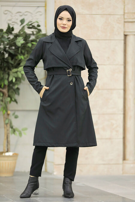  Black Islamic Clothing Trench Coat 59371S - NEVA STYLE