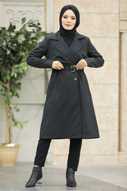  Black Islamic Clothing Trench Coat 59371S - 3