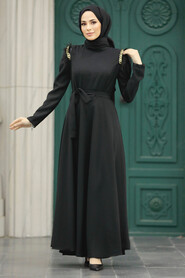 Neva Style - Black Islamic Long Sleeve Maxi Dress 20481S - Thumbnail