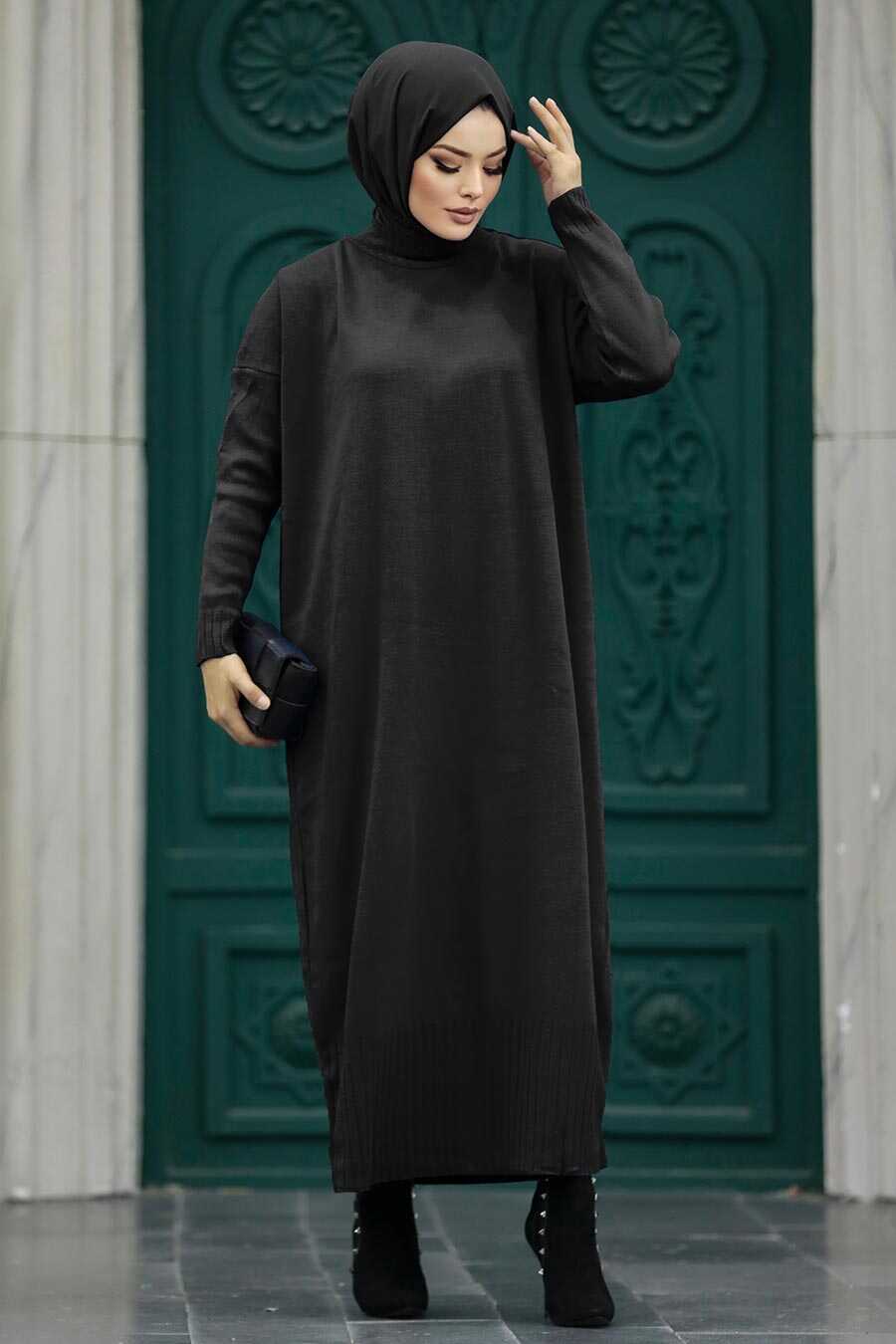 Neva Style - Black Long Dress for Muslim Ladies Knitwear Dress 3409S
