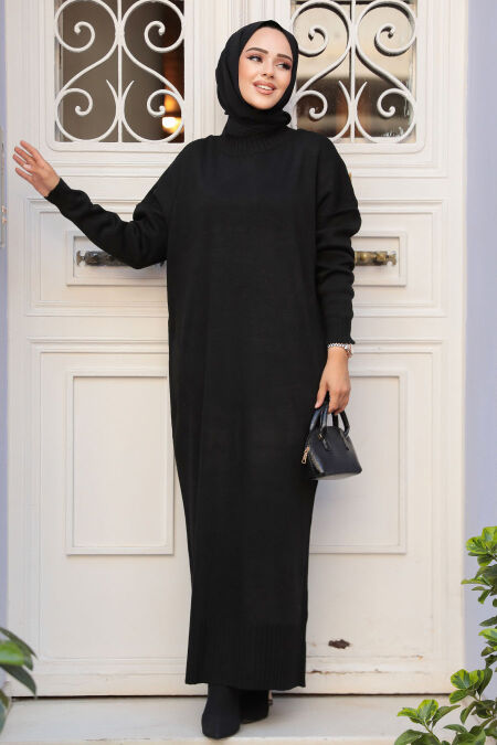 Black Long Dress for Muslim Ladies Knitwear Dress 3409S - NEVA STYLE