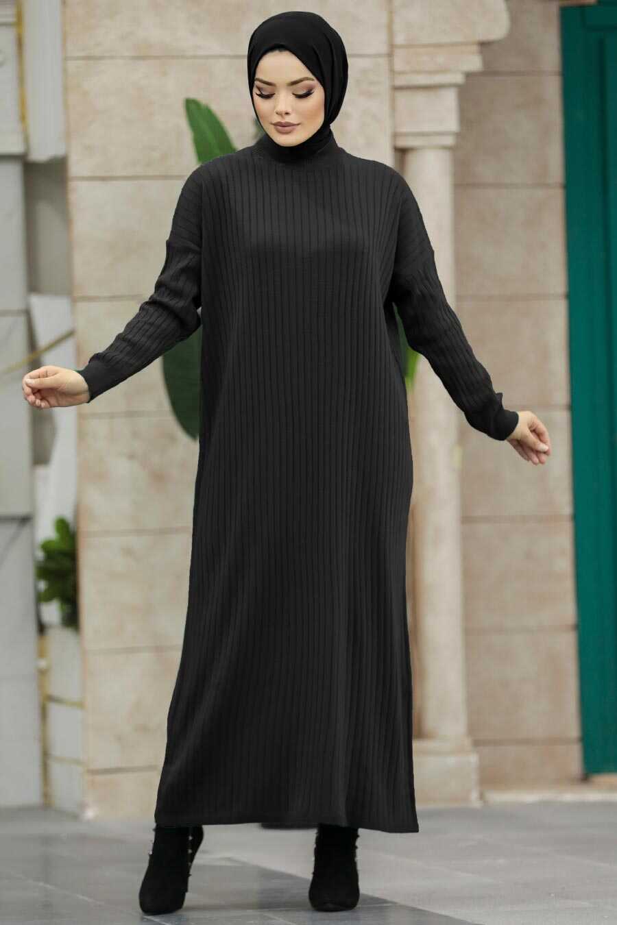 Neva Style - Black Long Muslim Knitwear Dress 33671S