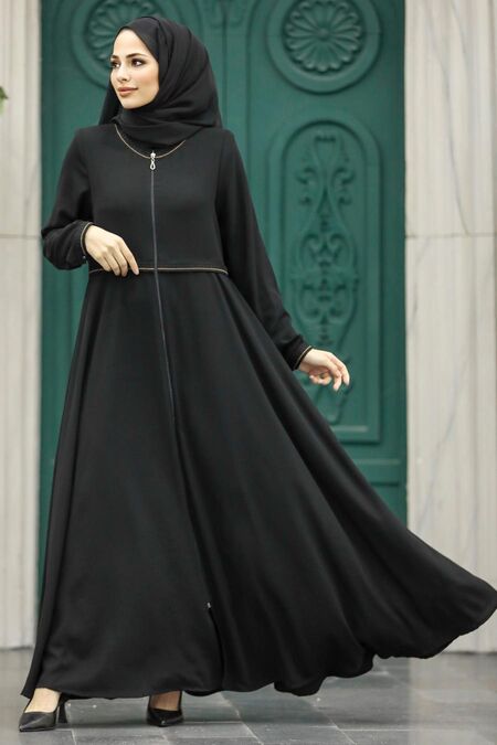  Black Long Turkish Abaya 617S - NEVA STYLE