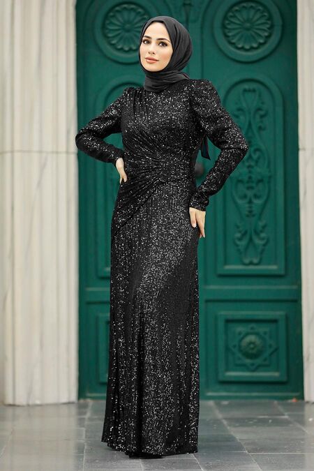  Black Muslim Long Sleeve Dress 39471S - NEVA STYLE