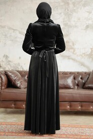Neva Style - Black Velvet Hijab Maxi Dress 37091S - Thumbnail