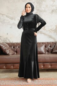  Black Velvet Islamic Clothing Dress 3748S - 1