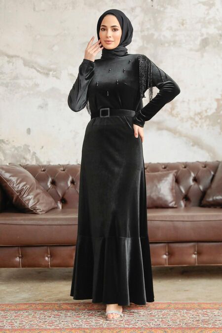  Black Velvet Islamic Clothing Dress 3748S - NEVA STYLE