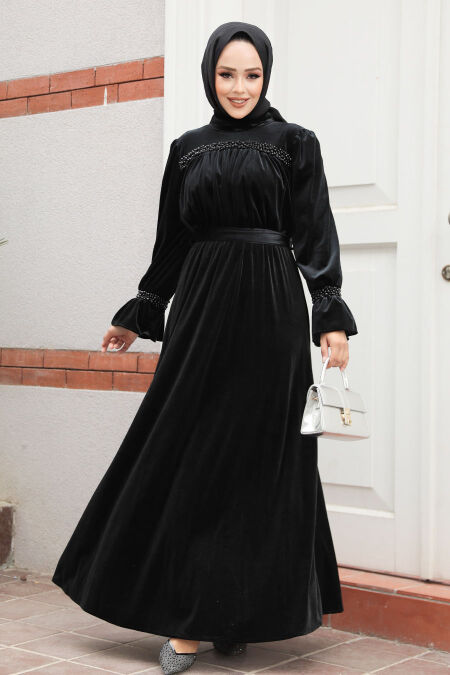  Black Velvet Long Dress for Muslim Ladies 37291S - NEVA STYLE