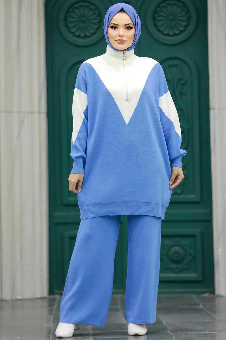Neva Style - Blue Hijab Knitwear Dual Suit 3433M
