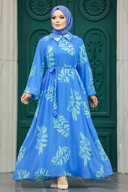 Neva Style - Blue Hijab Maxi Dress 20042M - Thumbnail
