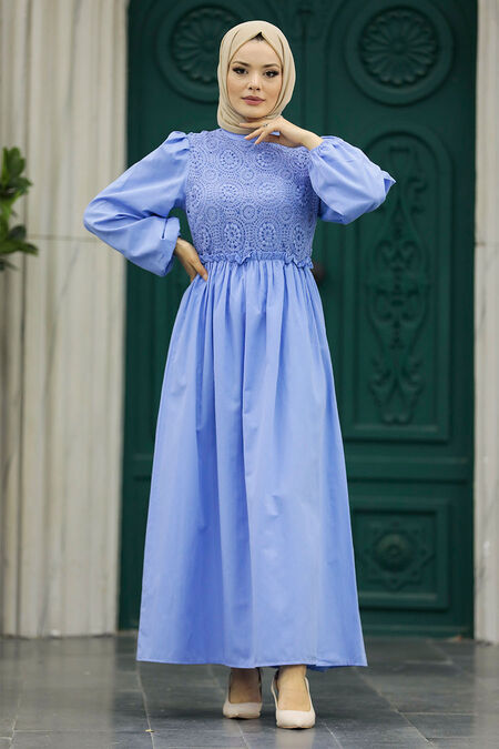  Blue Long Dress for Muslim Ladies 5857M - NEVA STYLE