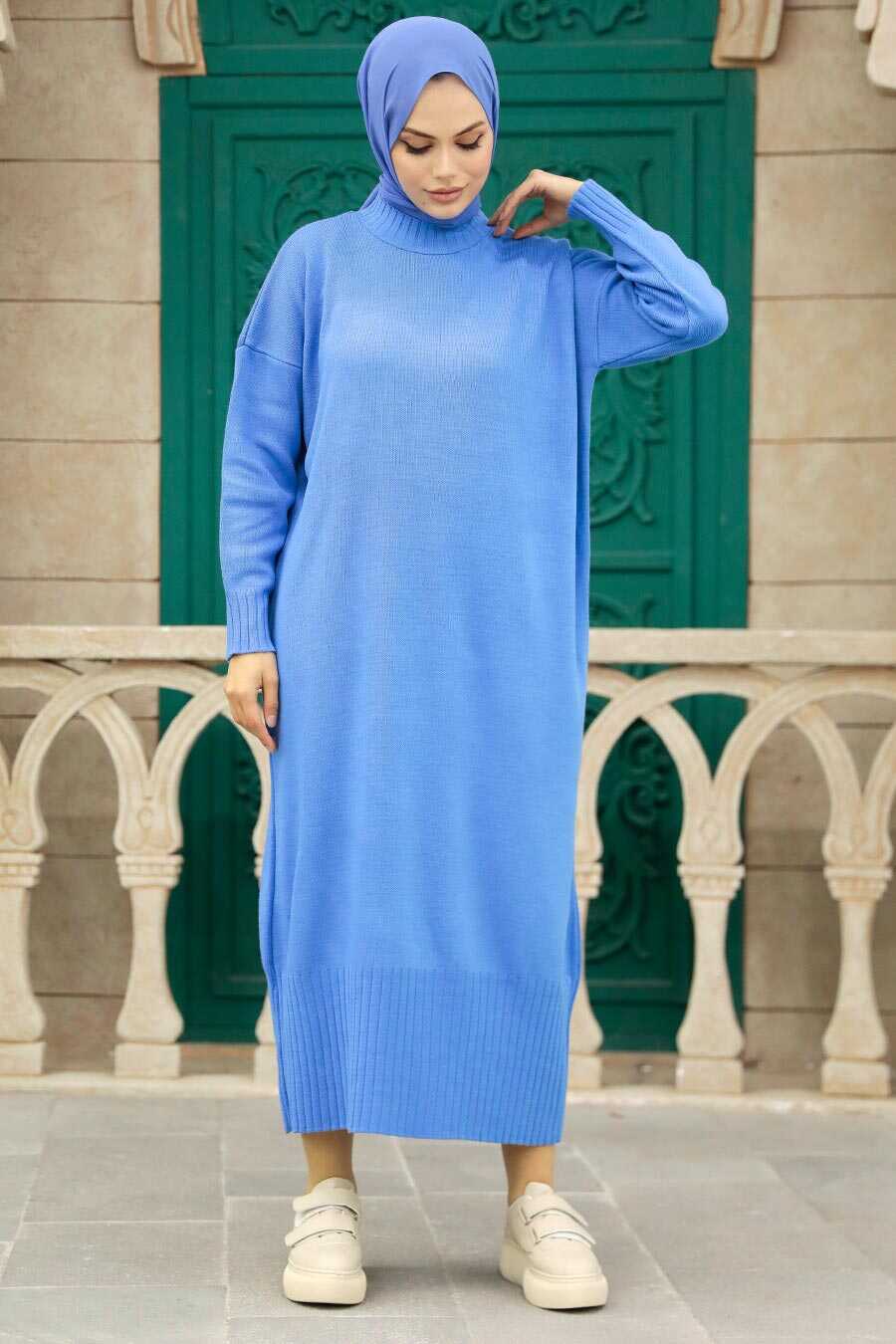 Neva Style - Blue Long Dress for Muslim Ladies Knitwear Dress 3409M