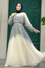  Blue Muslim Long Dress Style 39821M - 2