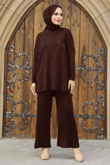  Brown Hijab For Women Knitwear Double Suit 34060KH - NEVA STYLE