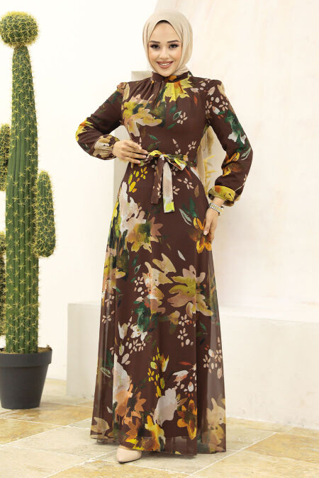  Brown Hijab Turkish Dress 27942KH - NEVA STYLE