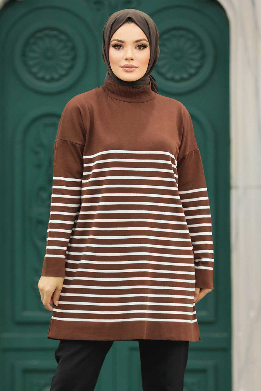 Neva Style - Brown Knitwear Hijab Tunic 10141KH
