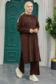 Neva Style - Brown Knitwear Hijab Turkish Dual Suit 34181KH - 2