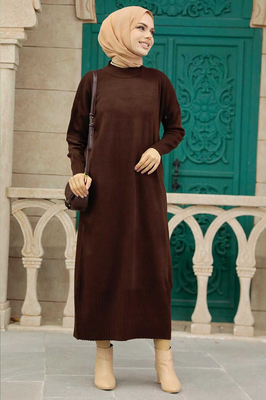 Neva Style - Brown Long Dress for Muslim Ladies Knitwear Dress 3409KH