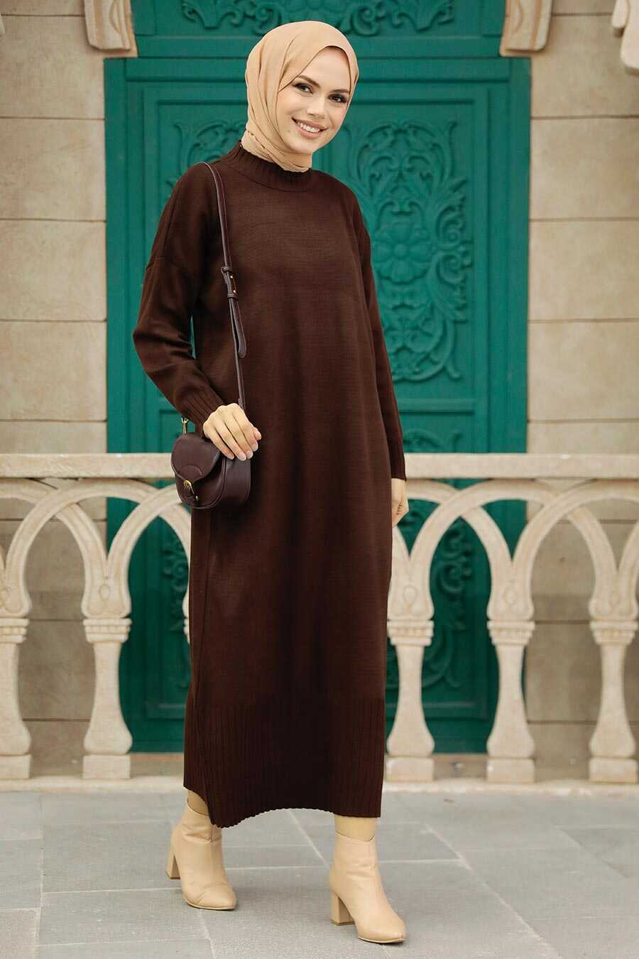 Neva Style - Brown Long Dress for Muslim Ladies Knitwear Dress 3409KH