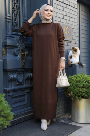  Brown Long Dress for Muslim Ladies Knitwear Dress 3409KH - 2