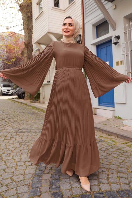 brown figured muslin dress Long Muslim 2884KH Truni Plus Size Women's x-dotapparel Height:110cm 64 cm (25) Hips