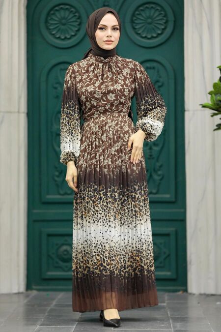 Brown Long Muslim Dress 38401KH - NEVA STYLE