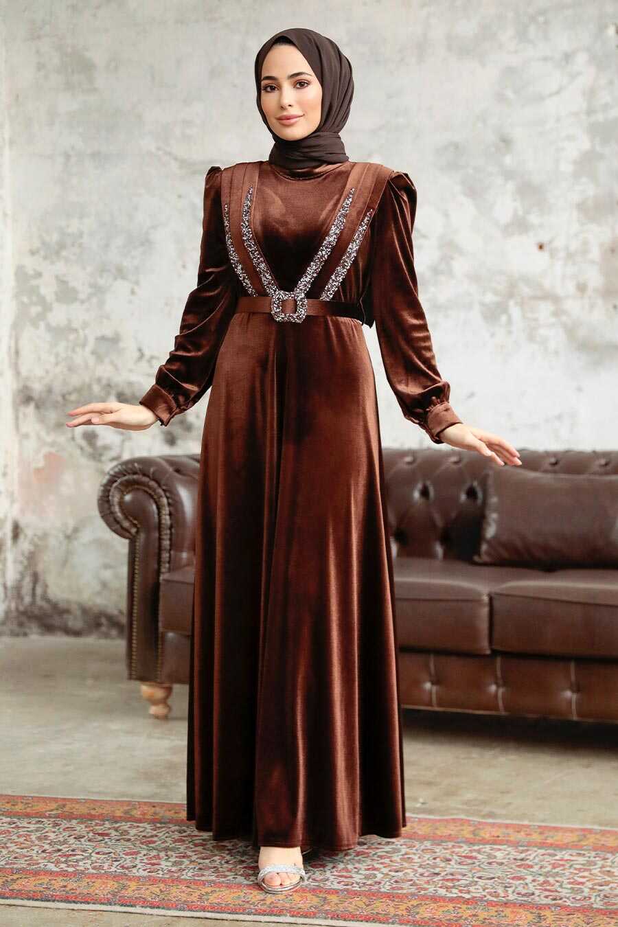 Neva Style - Brown Velvet Hijab Turkish Dress 3775KH
