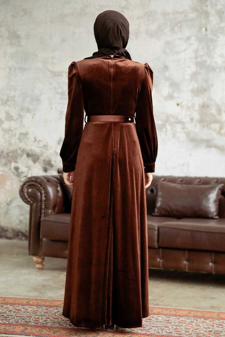 Neva Style - Brown Velvet Hijab Turkish Dress 3775KH