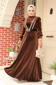 Brown Velvet Hijab Turkish Dress 3775KH - 1