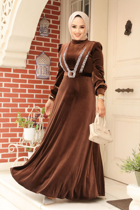 Brown Velvet Hijab Turkish Dress 3775KH - NEVA STYLE