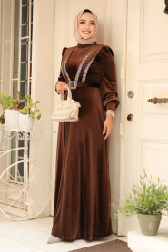 Brown Velvet Hijab Turkish Dress 3775KH - 2