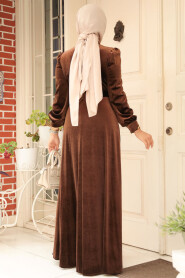 Brown Velvet Hijab Turkish Dress 3775KH - 3