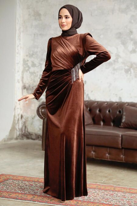 Brown Velvet Hijab Dress 36891KH - Neva-style.com