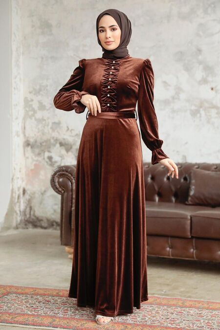 Brown Velvet Hijab Maxi Dress 37091KH