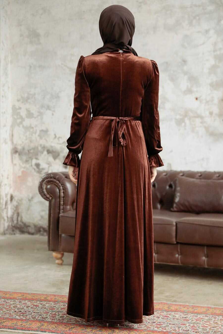 Neva Style - Brown Velvet Hijab Maxi Dress 37091KH